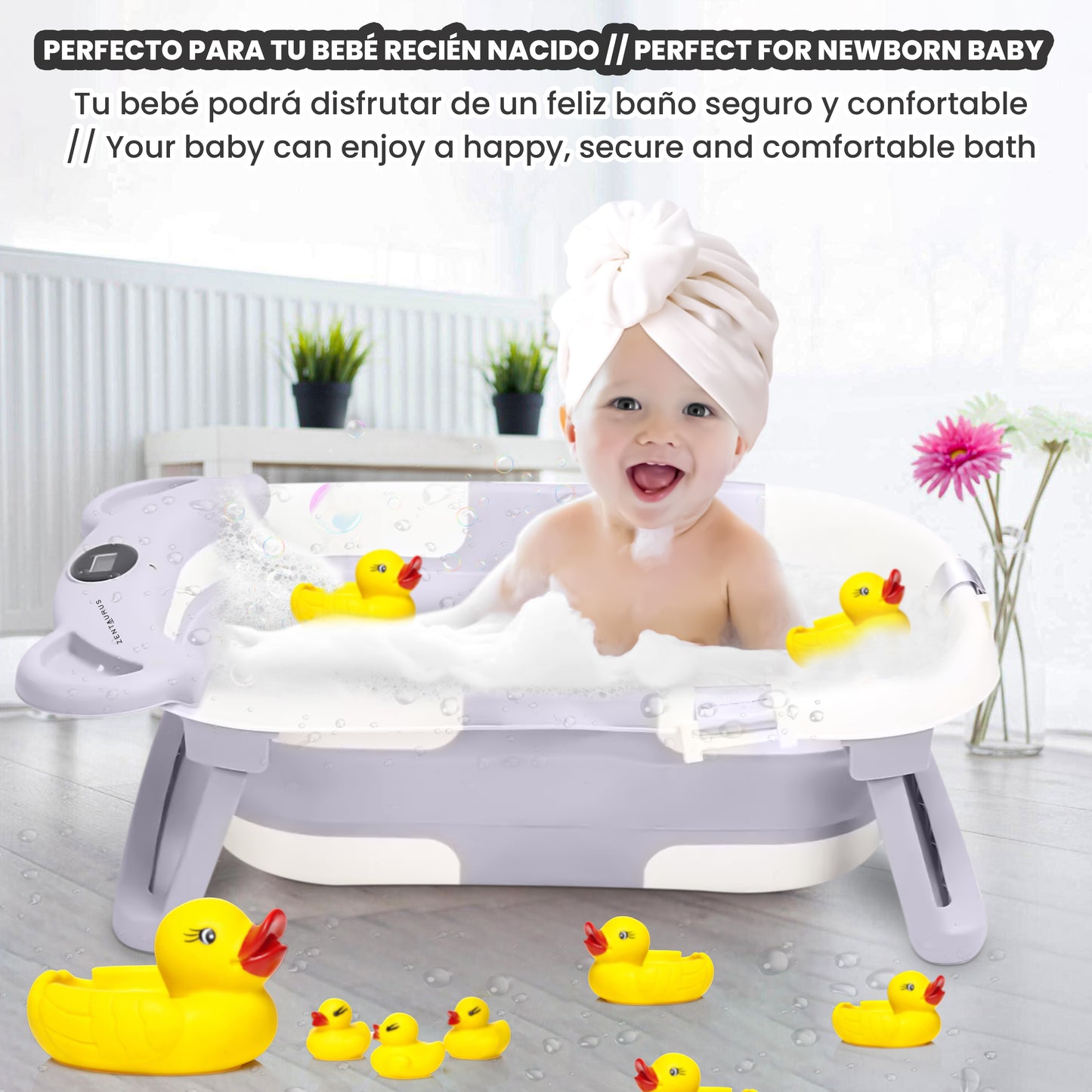 Faltbare Babybadewanne - Thermometer, Batterien und Babybadesitz inklusive